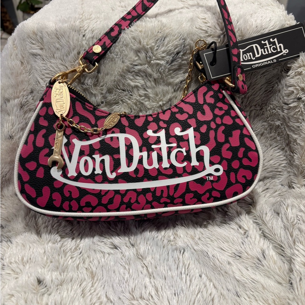 Von Dutch Black and Pink Leopard Shoulder Bag